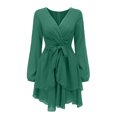 thumbnail image 4 of Pisexur Robe à Manches Longues Col en V Femme Mode Tempérament Couleur Unie Manches Longues Col en V Irrégulier Robe à Volants Robe Femme, 4 of 7