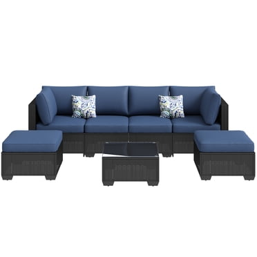 AECOJOY 7 PCS Patio Conversation Set, PE Rattan Wicker Outdoor Sectional Set with Cushions and Coffee Table, Patio Dining Set for Garden in Black Rattan & Dark Blue Cushion