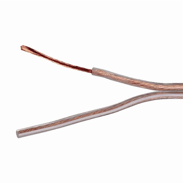 AH16100SR speaker wire by RCA, featuring 16-gauge copper wiring with a clear insulated jacket for undistorted signal transmission. The 100-foot wire is ideal for connecting speakers to A/V receivers or amplifiers, suitable for home audio accessories.