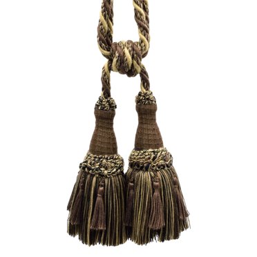 Lovely Plush Crown Double Curtain Tieback with Mini Tassels Overlay, Tassel Length 6" (15cm), 30" Spread (76cm) (Style# TBEMP62), Beige Medley Black Multicolor (Color# W144) Set of 2