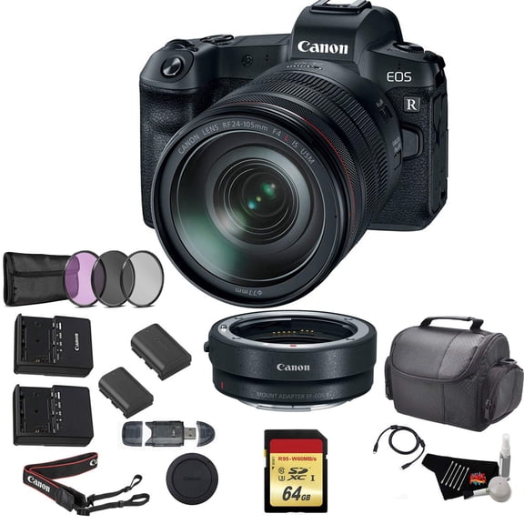 Canon EOS R Mirrorless Digital Camera w/ 24-105mm Lens Bundle w/ Mount Adapter + 64GB Memory Card + Replacement Battery + UV Filter Kit & more
