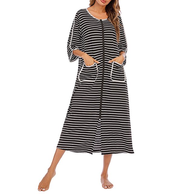Faithtur Robe de Nuit d'Été pour Femme Grande Taille à Rayures Col Rond Fermeture Éclair Jupe de Sommeil