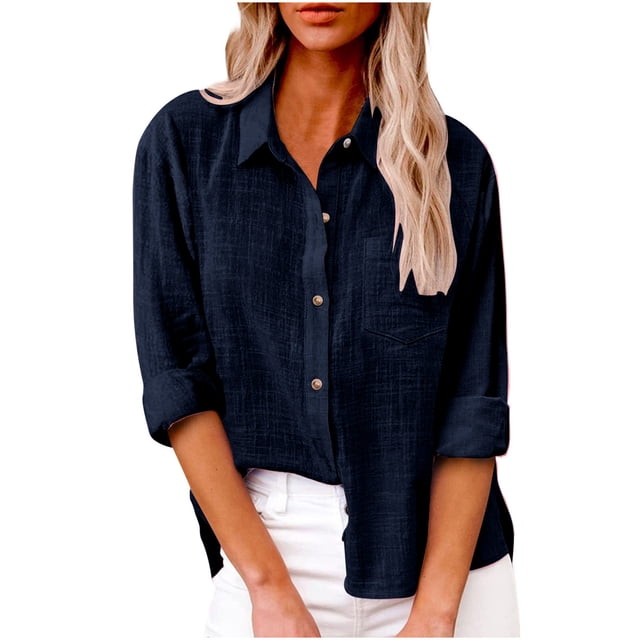 hotojiny Plus Size Spring Clothes for Women Casual Button down Tunic Shirts Cotton Linen Collar Beach Vaction Tops with Pocket