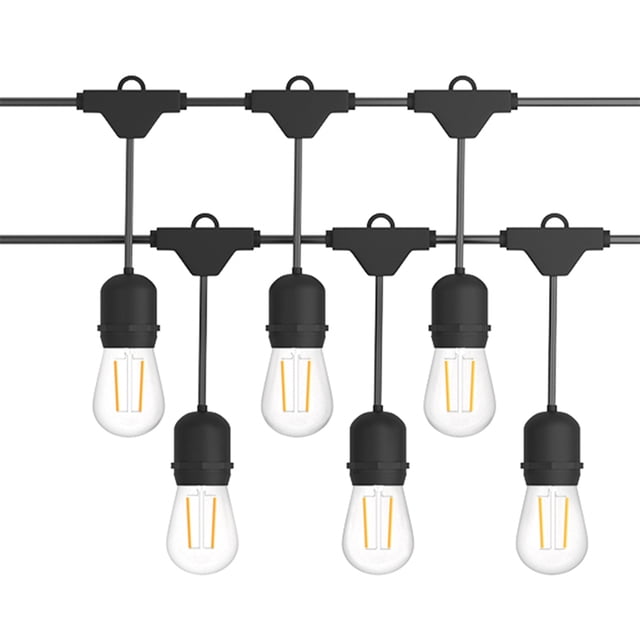 Costway 96FT LED Outdoor Waterproof Commercial Grade Patio Globe String Lights Bulbs with 30 warm light S14 LED bulbs on molded rubber sockets with integrated hanging loops. Includes two 48FT heavy-duty stringers ideal for outdoor lighting, patios, weddings, restaurants, and special events.