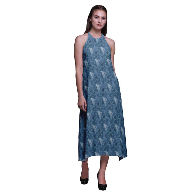 Bimba Robe de Plage Imprimée Géométrique Décontractée Longue Dos Nu à Col Licou pour Femmes - XX-Grand