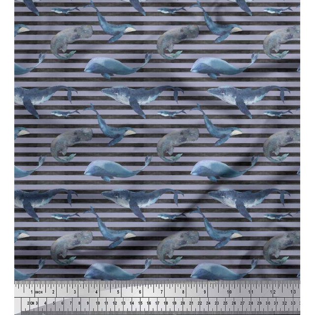 Soimoi Satin Silk Fabric Stripes & Whale Fish Ocean Print Sewing Fabric Yard 42 Inch Wide