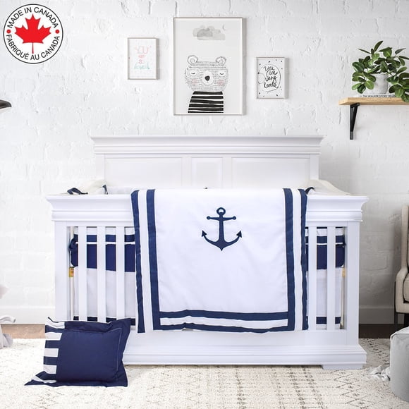 Bebelelo 7 Pieces Baby Bedding Set - Nursery Crib Set Including Skirt, Comforter, Quilt Cover, Fitted Sheet, and More for Kids, Boys, Girls (Blue and White Stripe Pattern with Anchor Embroidered)