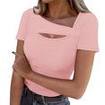 thumbnail image 1 of Lenpel T Shirts for Women Fashion Summer Short Sleeve Cutout Ribbed Knit Solid Color Slim Basic Tees Going out Tops, 1 of 7