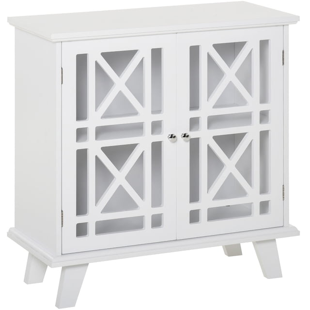 HOMCOM Storage Cabinet with Fretwork Doors Shelf Modern Sideboard Buffet in white MDF material. This versatile sideboard and buffet table features a fretwork design on ventilated front doors, elevated base, and compact dimensions of 31 inches wide, 14.25 inches deep, and 31 inches high. Ideal for storing utensils, linens, DVDs, and dry goods in kitchens, dining rooms, or living rooms.