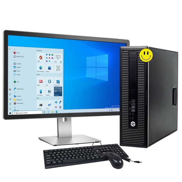 HP EliteDesk SFF Desktop Computer with New 24" Monitor, featuring an Intel Core i5 3.2GHz processor, 16GB DDR3 RAM, and 512GB SSD. Includes Windows 10 Pro, USB WiFi adapter, USB keyboard, and mouse. Compact small form factor design with multiple USB ports and video interfaces, ideal for office workspaces.