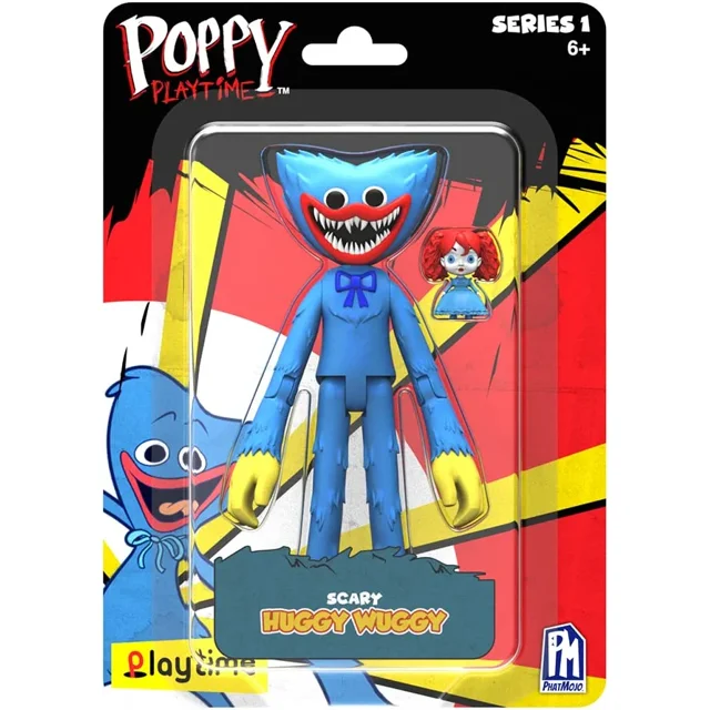 POPPY TIME 5" Series 1 Scary Huggy Wuggy action figure from Poppy Playtime, standing 5 inches tall with 7 points of articulation, blue fur, yellow hands, a wide red mouth with sharp teeth, and black eyes, packaged with a small Kissy Missy accessory figure on a colorful red, yellow, and black background, ideal for action figure playsets and collections.