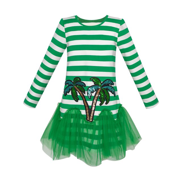 Girls Dress Green Coconut Tree Stripe Drop Waist Tutu 5 Years