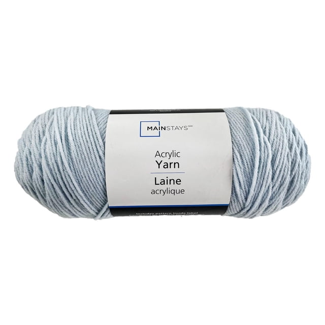 Mainstays Acrylic Yarn skein in light blue, medium 4 worsted weight 100% acrylic yarn with 397 yards per 7 oz skein, recommended 5.5 mm knitting needles and crochet hooks, ideal for hand knitting, crocheting apparel, accessories, and home decor projects.