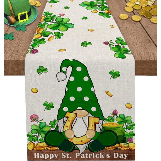 Shamrock Gnome St. Patricks Day Table Runner, Holiday Table Runners for Dining Table Decor Party, Kitchen Decor Burlap Table Runners 72 Inches Long, St Patricks Day Decorations Dresser Scarf 14x72in