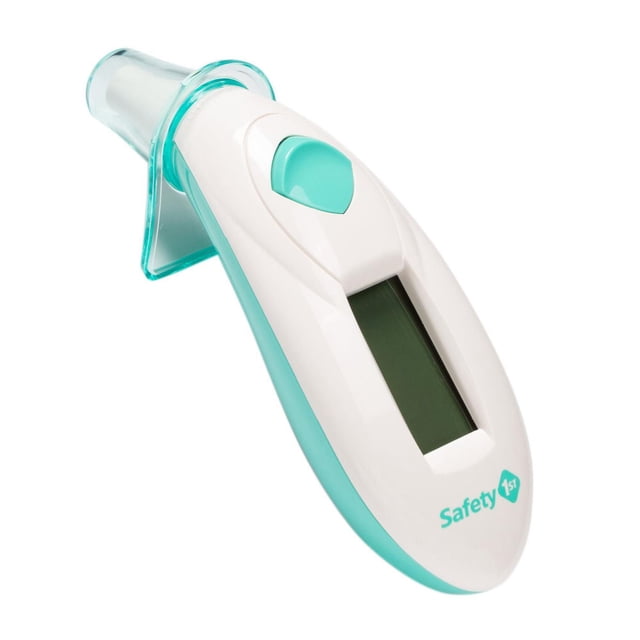 Safety 1st Thermomètre Auriculaire à Lecture Rapide avec Boîtier Ergonomique Blanc et Sarcelle, Grand Affichage Numérique, Fonctionnement à un Bouton, Alerte de Fièvre et Rappel de Mémoire pour la Dernière Lecture, Conçu pour des Vérifications de Température Rapides et Précises chez les Enfants.