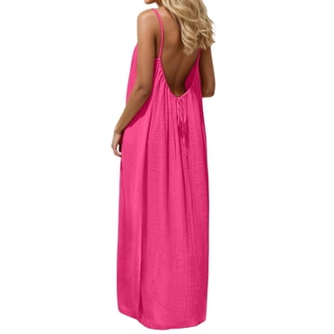 longantii Casual Dresses for Women Sleeveless Backless Cami Dress Spaghetti Strap Flowy Beach Summer Loose Vacation Maxi Sundress Hot Pink XL