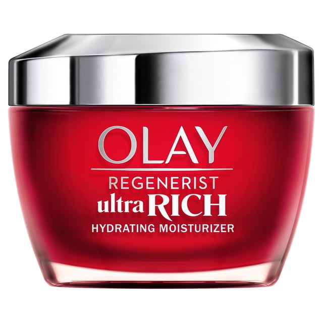 Olay Regenerist Ultra Rich Face Moisturizer in a red jar with a reflective silver lid, labeled with white text, formulated for intense hydration and visible skin renewal using Vitamin B3 and peptides, ideal for daily face and neck moisturizing.