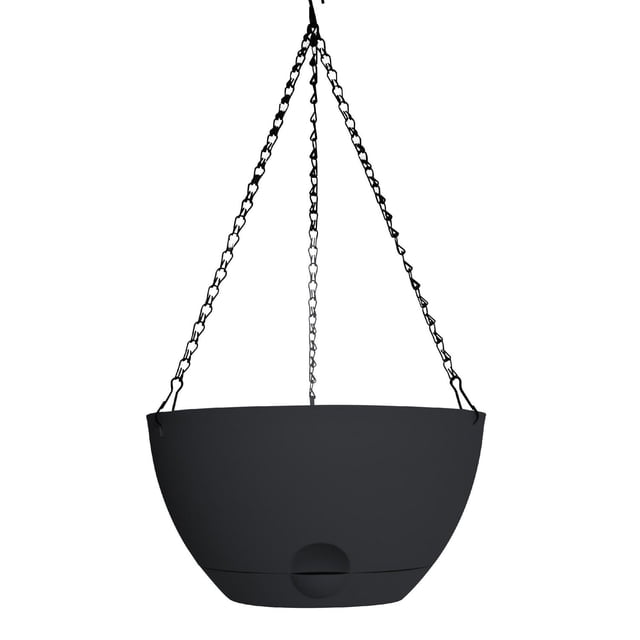 Misco Jardinière HB SW de 12 Po Noire, Jardinière Suspendue avec un Diamètre de 12 Po et une Hauteur de 6,5 Po, Fabriquée en Résine Noire durable avec une Finition Mate, Dotée d'Un Réservoir d'Arrosage Automatique pour Arrosage par le Bas et de Trois Chaînes Métalliques Noires pour Suspension, Convient à une Utilisation Intérieure Ou Extérieure et Idéale pour un Entretien Facile des Plantes.