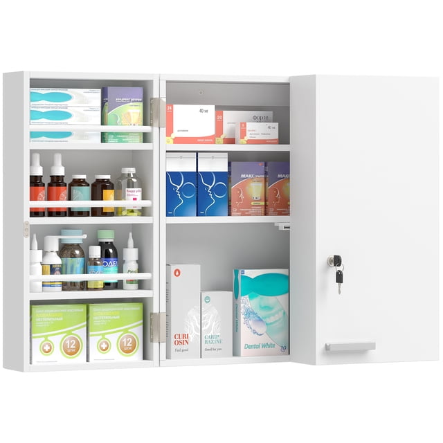 HOMCOM Wall Mount Medicine Cabinet with Double Doors for Kitchen, Bathroom. This white MDF cabinet features lockable double doors with a key for added security, making it ideal for storing medicines and sharp items. It includes 11 compartments, 3 internal shelves, and 4 door racks for organizing bottles, sprays, and first-aid essentials. The wall-mounted design saves floor space, and the metal hinges and handles ensure durability. Dimensions: 20.9 inches wide, 7.9 inches deep, and 20.9 inches high.
