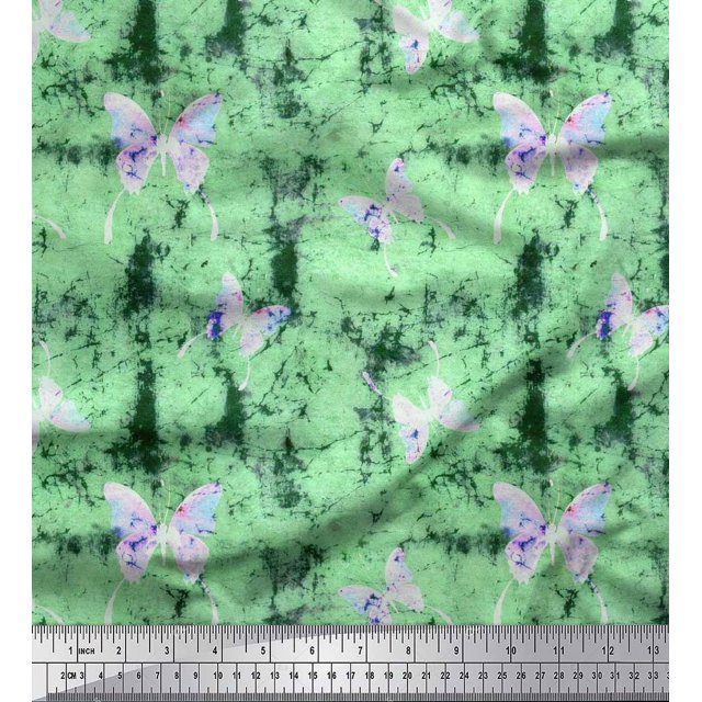 Soimoi Green Japan Crepe Satin Fabric Insect & Texture Print Fabric by The Yard 42 Inch Wide