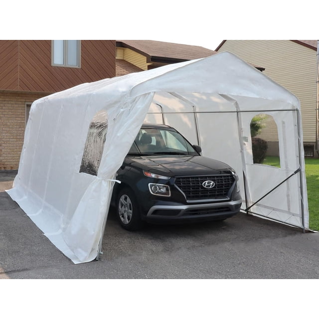 Abri d'Auto 11 Pi X 16 Pi en Blanc avec un VUS Hyundai Noir à l'Intérieur, Soutenu par un Cadre en Acier Galvanisé de 1 1/4 Po et Recouvert de Tissu anti-UV Traité de 200 G/m2, avec Deux Fenêtres et une Porte avant Ouverte Attachée avec des Cordes, Placé sur une Allée Résidentielle, Convient Aussi pour Ranger des Motos Ou de Petits Camions.