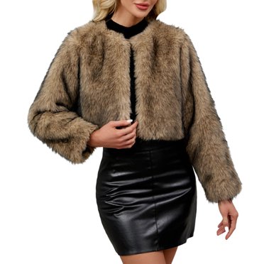 Ecqkame Women's Cropped Faux Fur Jackets Winter Fashion Long Sleeve Open Front Cardigan Casual Fluffy Shaggy Short Outerwear Coats Gray XXXL