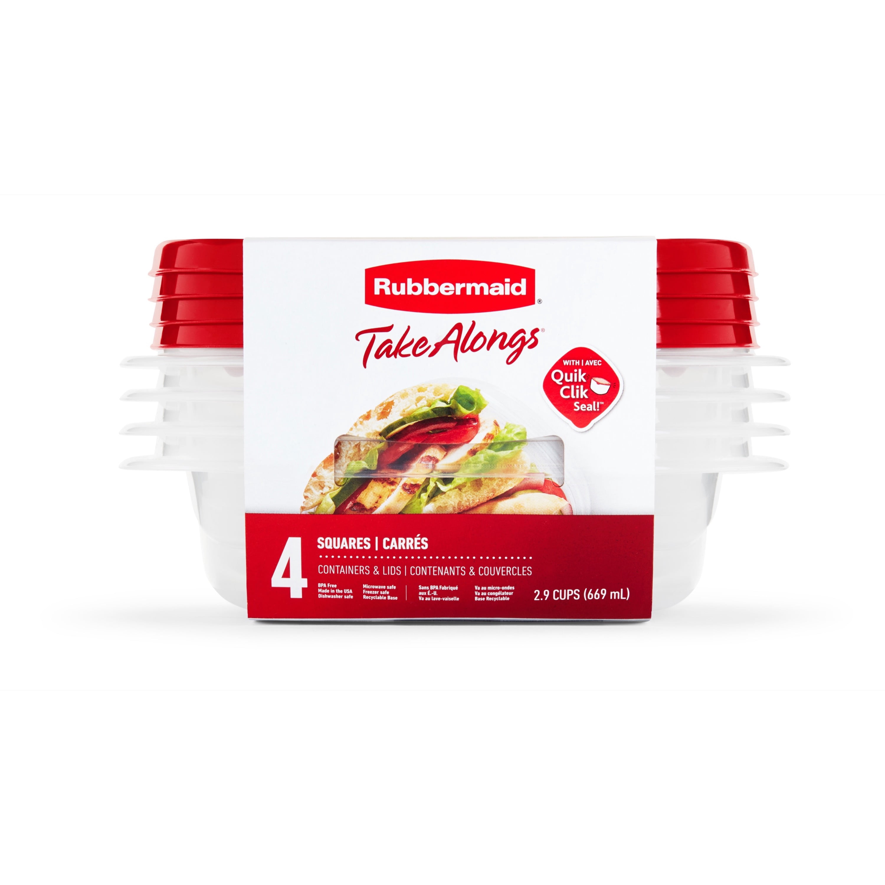 Contenants carrés pour la conservation des aliments Rubbermaid TakeAlongs à emporter, couvercles rouge rubis, 669 ml (2,9 tasses), paquet de 4