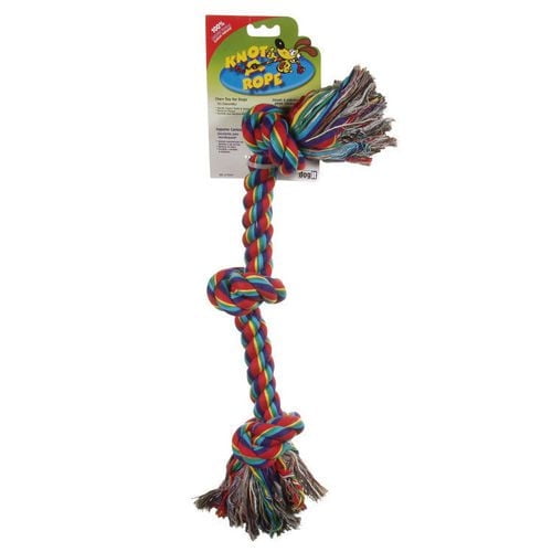 Dogit Knot-a-Rope Tug Toy is a multi-coloured 100% cotton dog chew toy with three knots and frayed ends, designed to clean teeth, reduce plaque, and encourage healthy play, made from biodegradable material and machine washable.