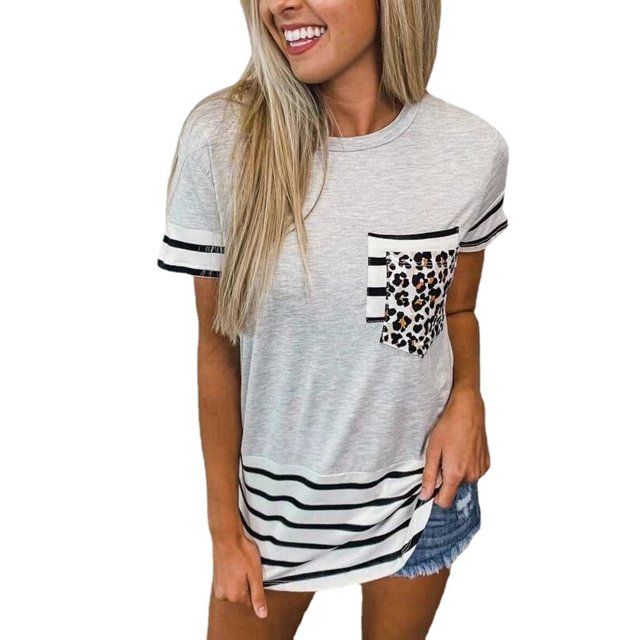 Nouveau T-shirt Décontracté pour Femmes à Manches Courtes Tops à Rayures Patchwork Col Rond Manches Longues
