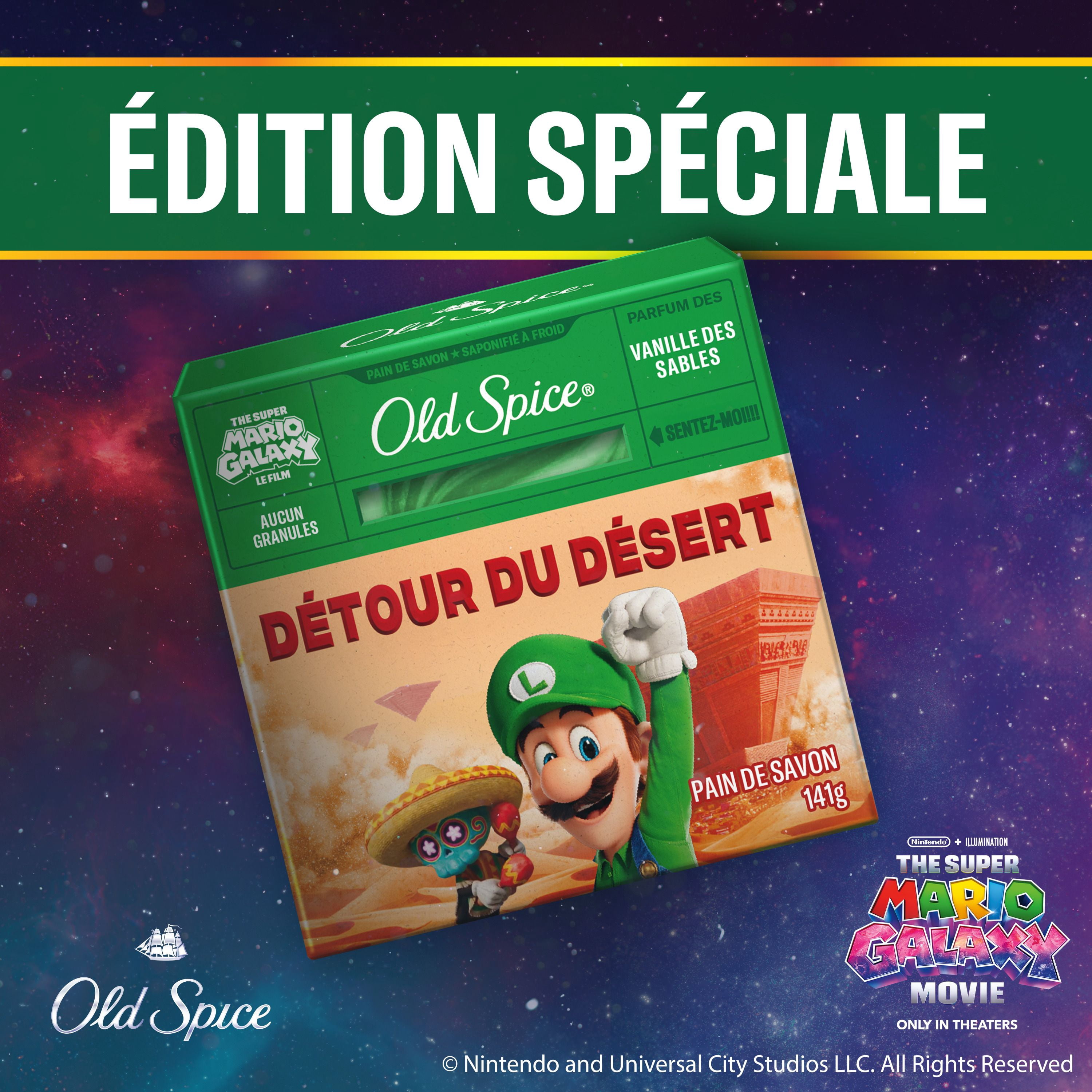 Pain de savon Old Spice saponifié à froid pour hommes, Détour du désert, parfum de vanille des sables, Old Spice x The Super Mario Galaxy Movie, aucun granule, 141 g
