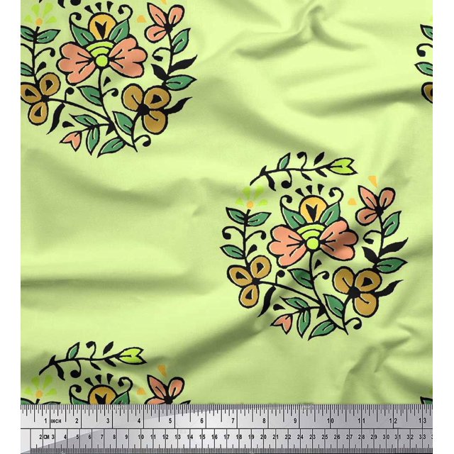 Soimoi Modal Satin Fabric Leaves & Floral Block Printed Fabric 1 Yard 42 Inch Wide