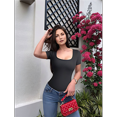 thumbnail image 4 of Women's 2 Piece Bodysuits Ribbed Square Neck Short Sleeve Bodysuits Black L, 4 of 6