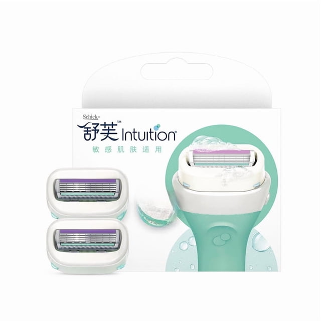 Schick Intuition Refill Blades with Aloe Vera Soap Head, 2-pack manual razor replacement cartridges for men and women. Features four-layer blades for smooth and comfortable hair removal, compact size for portability, and replaceable blades. Ideal grooming accessory for travel or everyday use.
