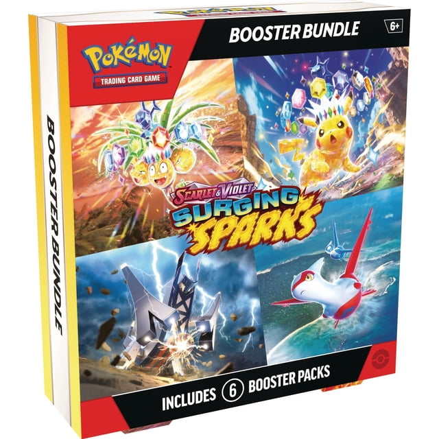 Pokémon TCG: Scarlet & Violet—Surging Sparks Booster Bundle box featuring vibrant artwork of Pikachu ex with a crystal crown, Alolan Exeggutor ex, Archaludon ex, and Latias ex, includes 6 trading card booster packs, suitable for collectors and players.
