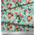 thumbnail image 3 of Soimoi Blue Polyester Crepe Fabric Cat,Insect & Rose Buds Flower Decor Fabric Printed BTY 42 Inch Wide, 3 of 3