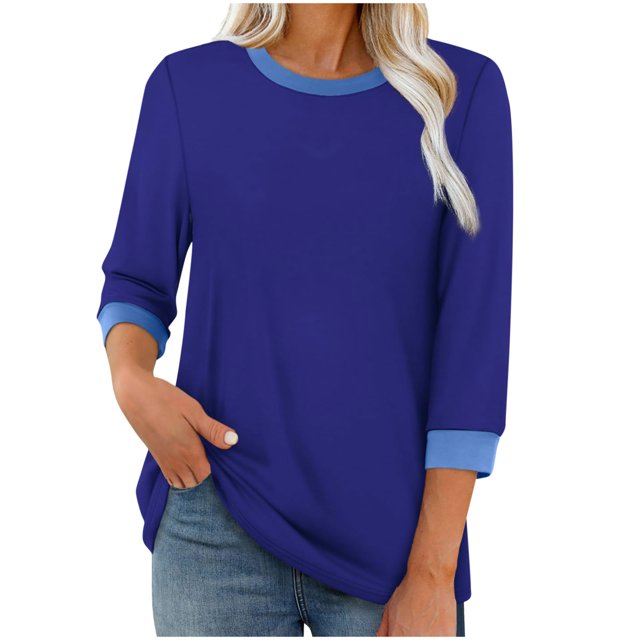HAiming Chandails 3/4 pour Femmes, Hauts Habillés Décontractés, Blocs de Couleur, Col Ras du Cou, T-Shirts Basiques de Mode d'Automne, Vêtements