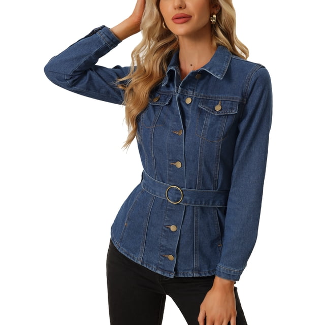 INSPIRE CHIC Veste en Denim Ceinturée pour Femme à Col à Revers, Veste en Jean à Simple Boutonnage Bleu Foncé S