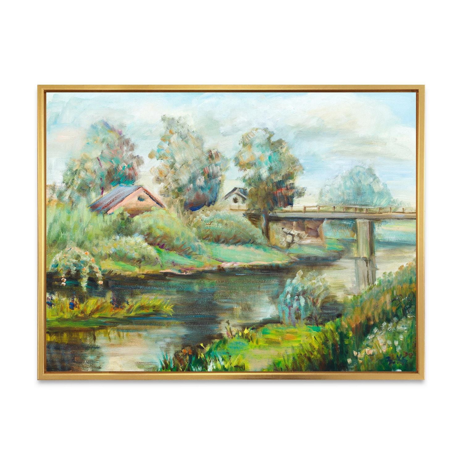 Designart Pont sur la rivière dans un paysage rustique ART MURAL À CADRE FLOTTÉ