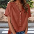 thumbnail image 2 of Floleo T-Shirt à Manches Courtes pour Femmes, Style Lin, Col en V, Boutons devant, Demi-Ouverture, Haut Vintage Classique, Respirant, Confortable, Extensible, Tissu Fin, Printemps Été Automne, Tenue Quotidienne (Orange#1, S), 2 of 8