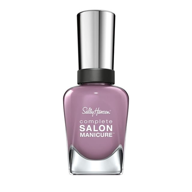 Sally Hansen Complete Salon Manicure Nail Polish in mauve with a clear glass bottle and silver cap, featuring keratin complex for stronger nails, chip resistance, and a precision brush for salon-quality application, ideal for durable at-home manicures.