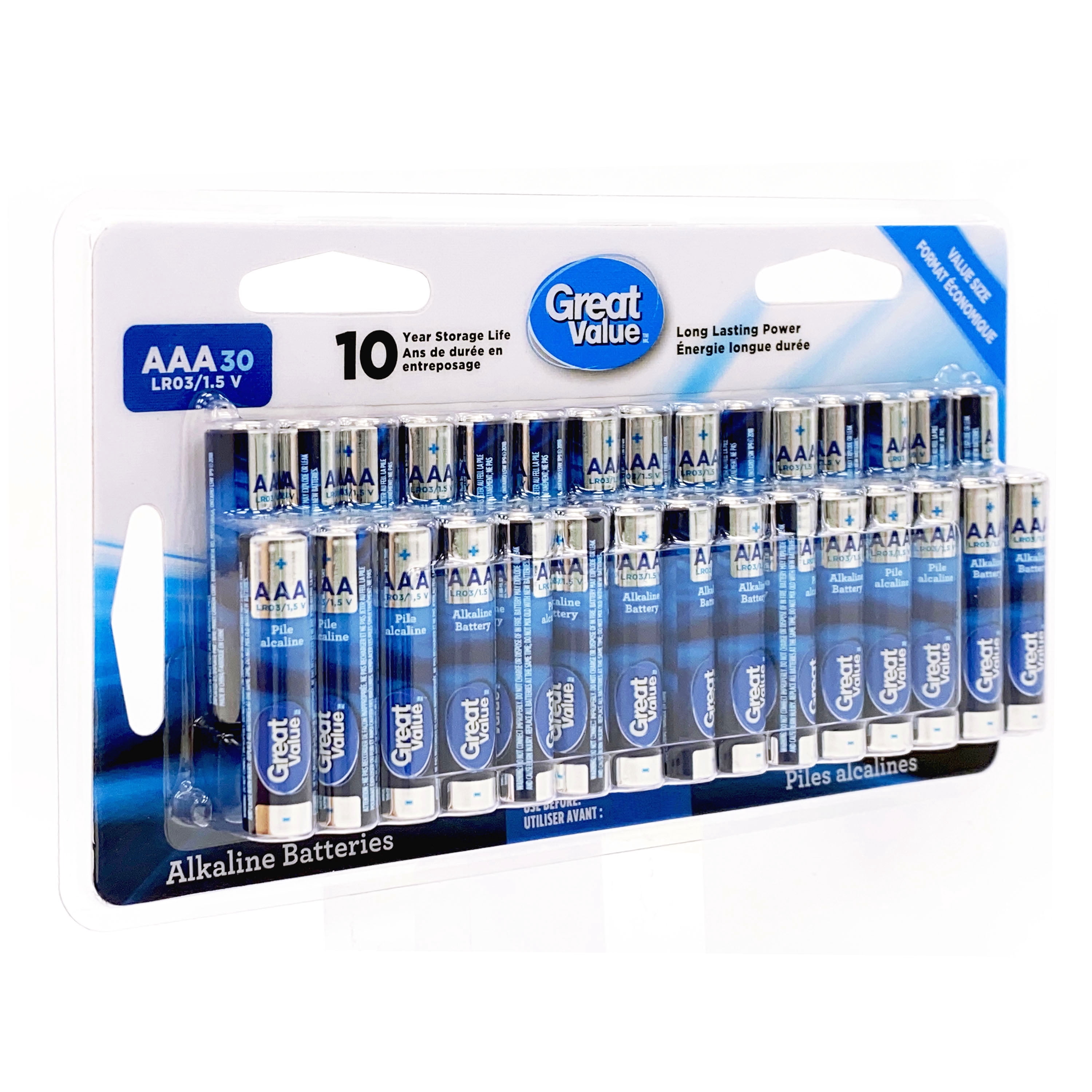 Piles alcalines AAA LRO3/1,5 V, format économique de Great Value Paquet de 30, durée de conservation de 10 ans