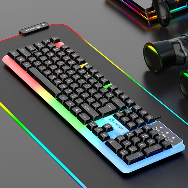 Cameland Illuminated Keyboard with floating keys and a mechanical feel, featuring spherical fingerprint keycaps and multimedia shortcuts. The keyboard is black with a sleek ABS material design and measures 17.17 x 5.2 x 1.14 inches. It showcases dazzling RGB lighting along the edges and beneath the keys, creating a vibrant gaming ambiance. The hovering key design enhances aesthetics and simplifies cleaning. Ideal for gaming with quick responsiveness and high sensitivity.