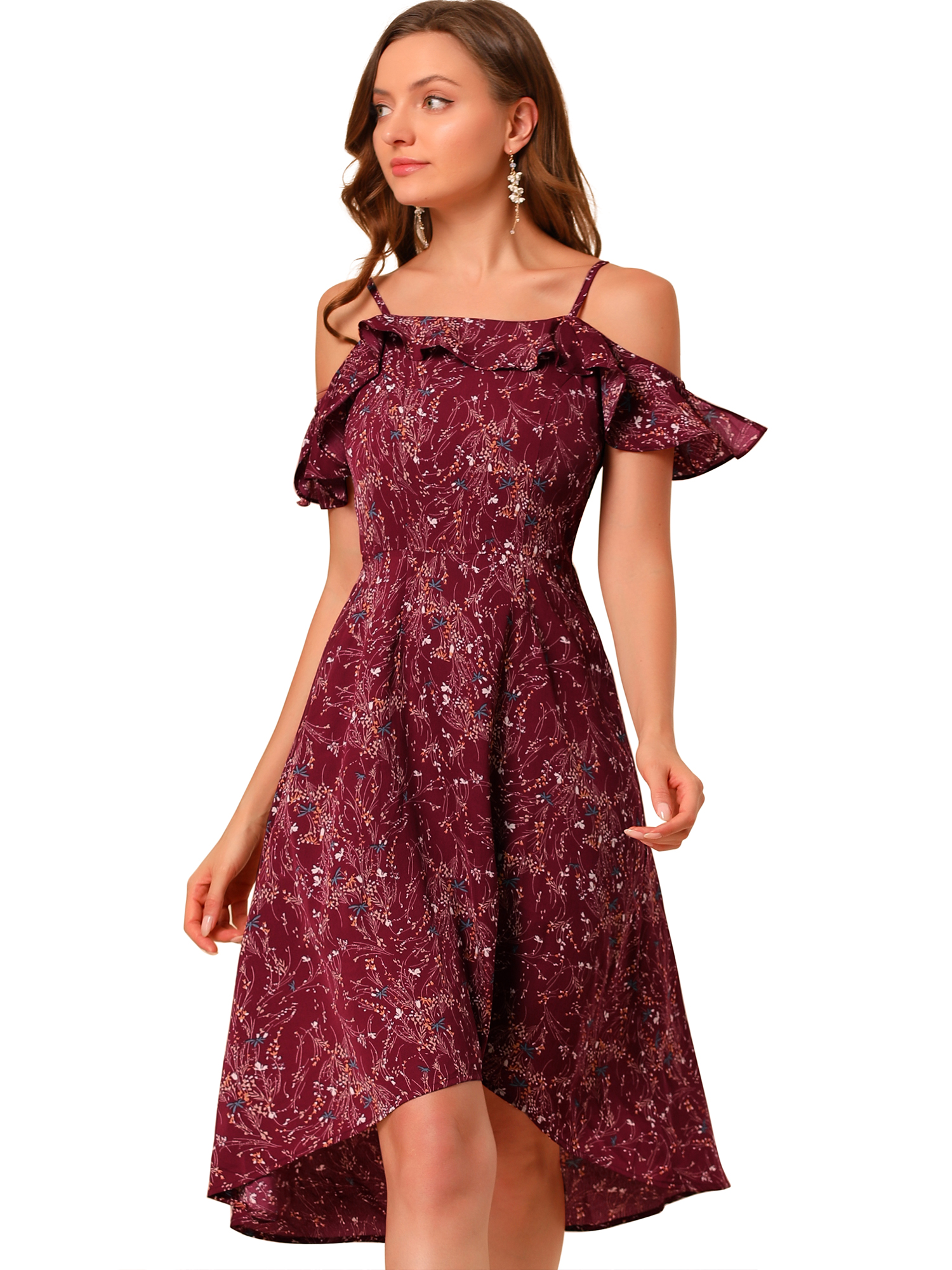 INSPIRE CHIC Robe Midi à Fleurs pour Femme à Bretelles Spaghettis, à Volants, Ligne A
