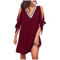 thumbnail image 2 of SMihono Robes Bohèmes d'Été Femmes Grande Taille Mode Femmes Col en V Été Uni Décontracté Manches Courtes Mi-Mollet, 2 of 7