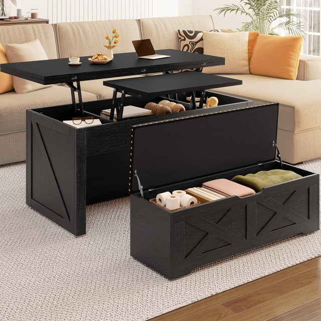 DEXTRUS Table Basse 3-en-1 à Plateau Relevable avec Banc Ottoman sur Roulettes, Table Centrale de Rangement Style Ferme pour Salon, Noir