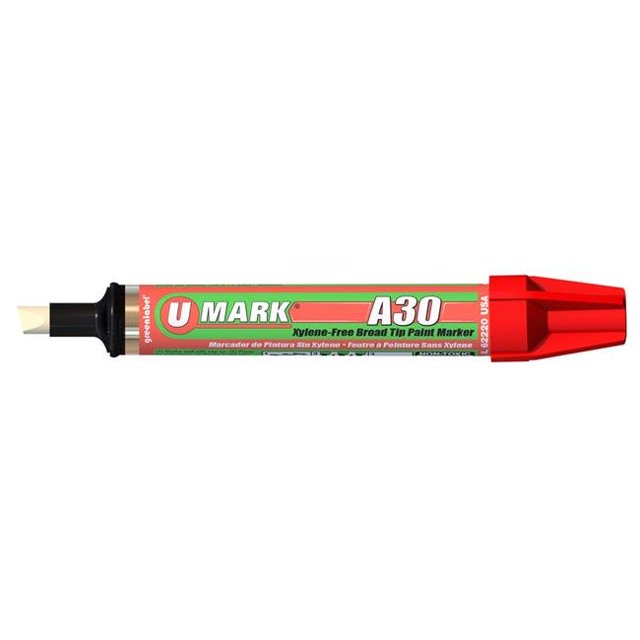 U-Mark UMARK10304 Marqueur de Peinture à Pointe Grand A30 en Rouge, Doté d'Un Baril en Aluminium durable de 3/4 Po et d'Une Pointe Grand pour une Meilleure Visibilité. le Marqueur Comprend un Étui-Ceinture à Tirage Rapide avec un Capuchon Intégré pour une Utilisation à une Main. Convient au Marquage sur Enseignes et Grands Objets, avec une Plage de Température de Marquage de -50 °F à 150 °F. Vendu en Lot de 6.