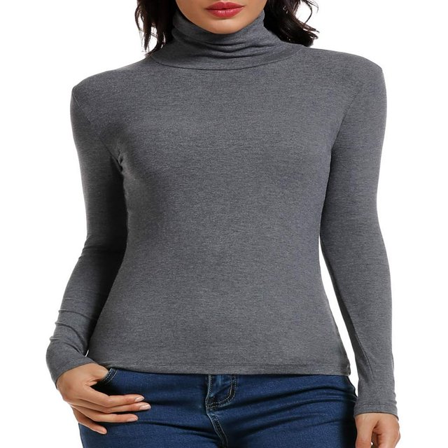 T-shirt Col Roulé Manches Longues Ajusté Extensible Basique Noir TG