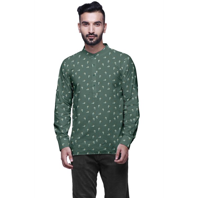 Atasi Kurta Court Imprimé Décontracté à Manches Longues avec Poignets pour Hommes Tenue d'Été