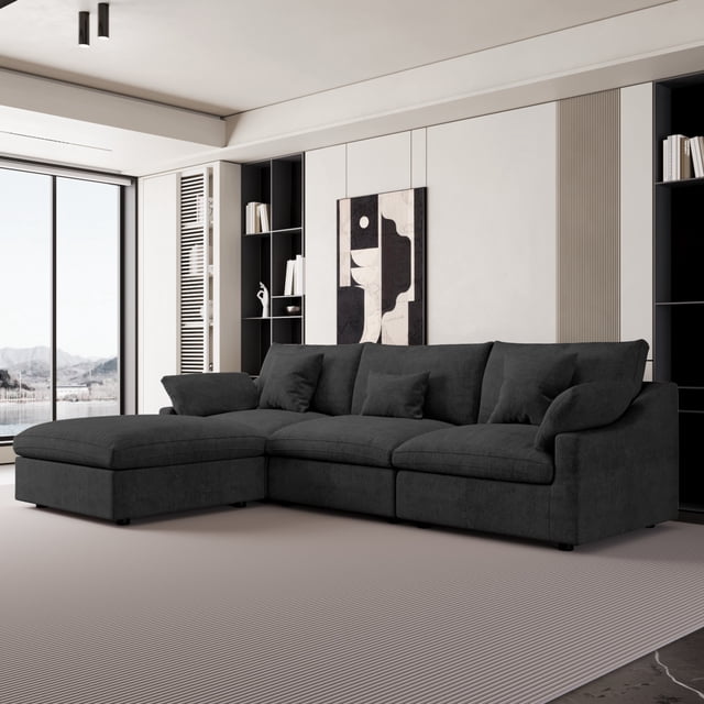 The Magic Home Canapé Sectionnel Modulaire en L en Lin à 3 Places avec Ottoman, Noir