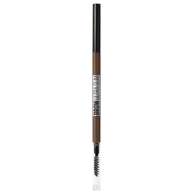 Maybelline New York Ultra Slim Defining Eyebrow Pencil in brown with an ultra slim 1.5mm precision tip, smooth formula, black cap, and clear spoolie brush cover, ideal for creating natural, hair-like eyebrow strokes and precise definition.